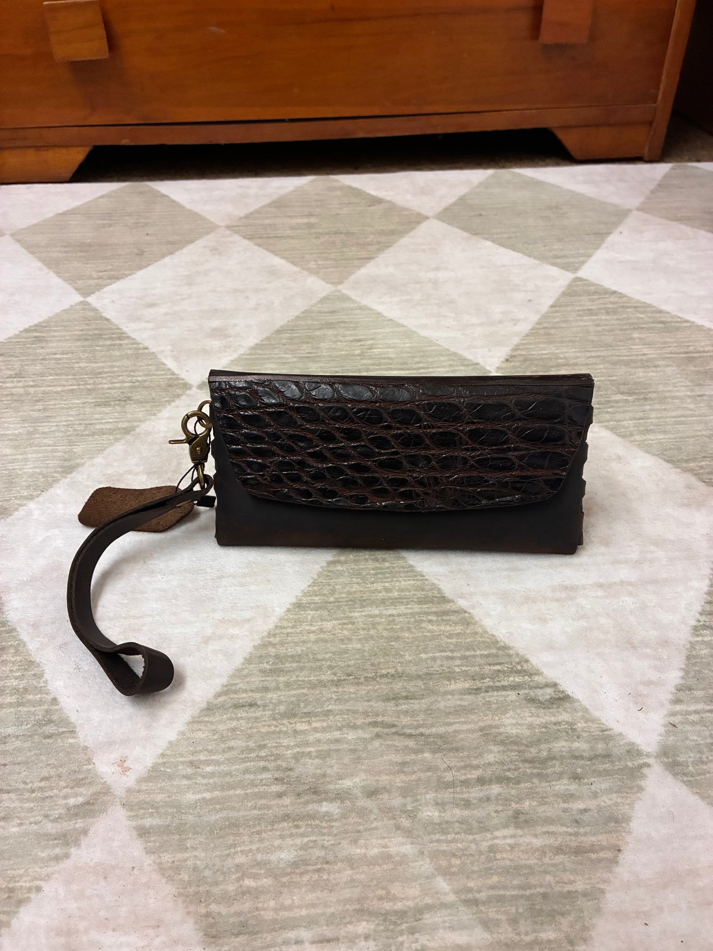 Handcrafted Artisan Leather Crossbody and wristlet Bag with Alligator Embossed Flap – A Rustic Classic