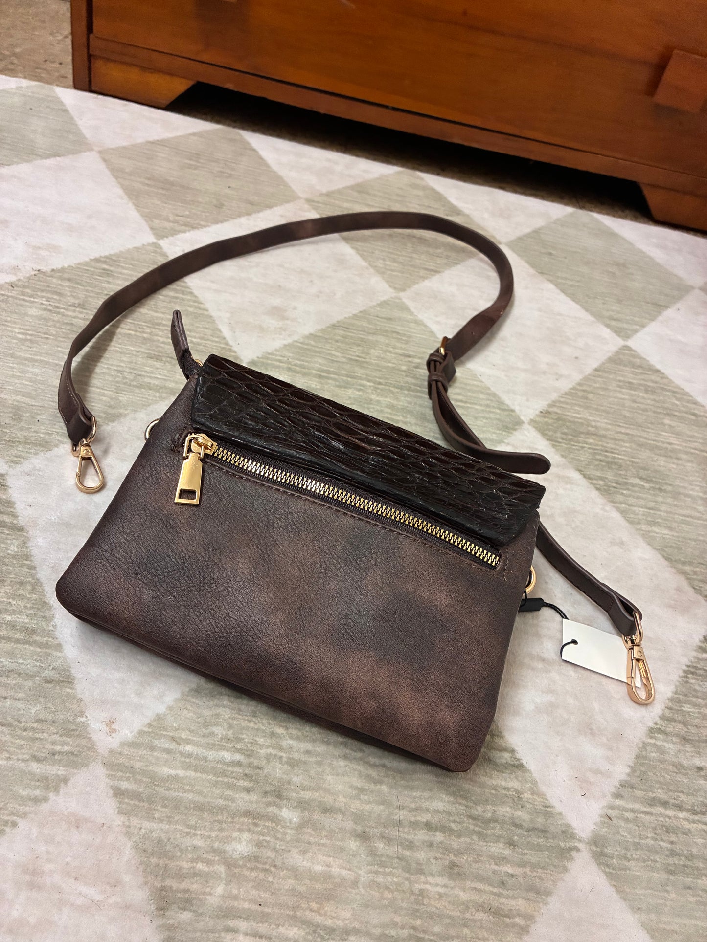 Handcrafted Artisan Leather Crossbody and wristlet Bag with Alligator Embossed Flap – A Rustic Classic