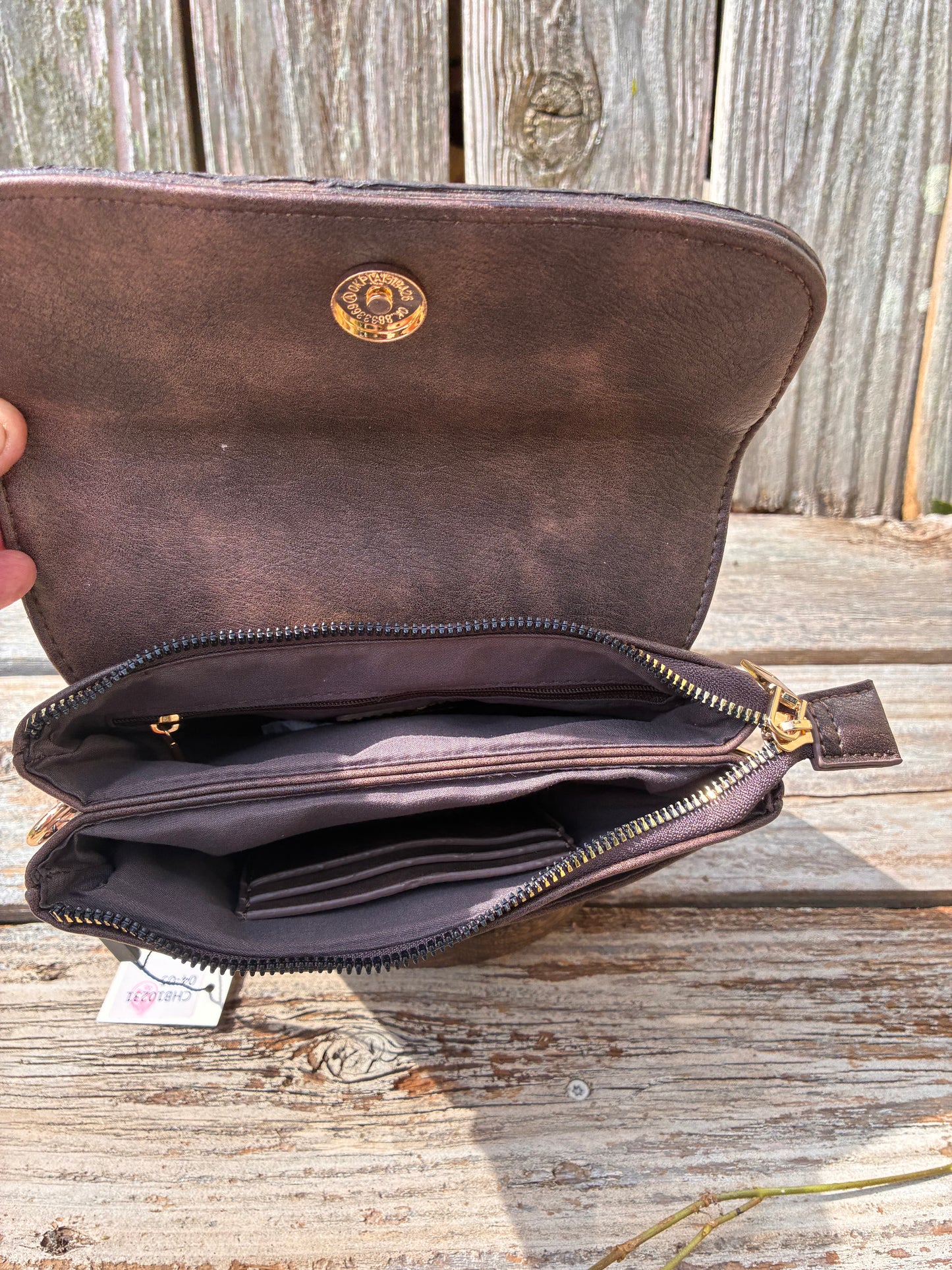 Handcrafted Artisan Leather Crossbody and wristlet Bag with Alligator Embossed Flap – A Rustic Classic