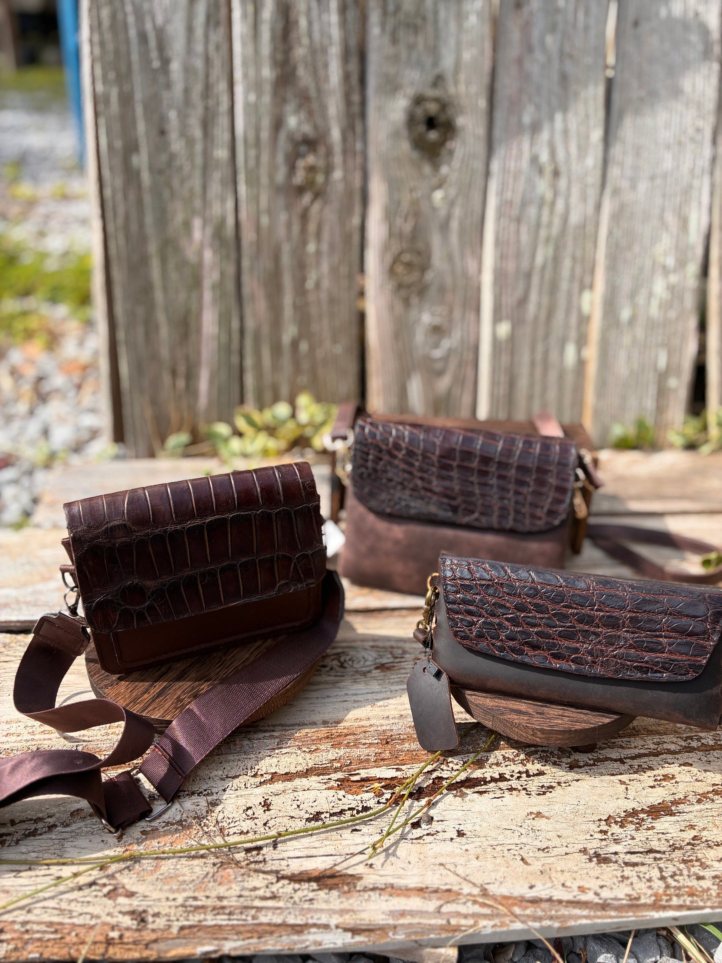 Handcrafted Artisan Leather Crossbody and wristlet Bag with Alligator Embossed Flap – A Rustic Classic