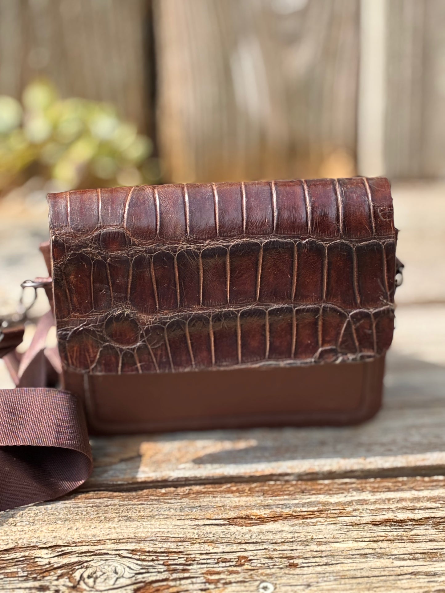 Handcrafted Artisan Leather Crossbody and wristlet Bag with Alligator Embossed Flap – A Rustic Classic